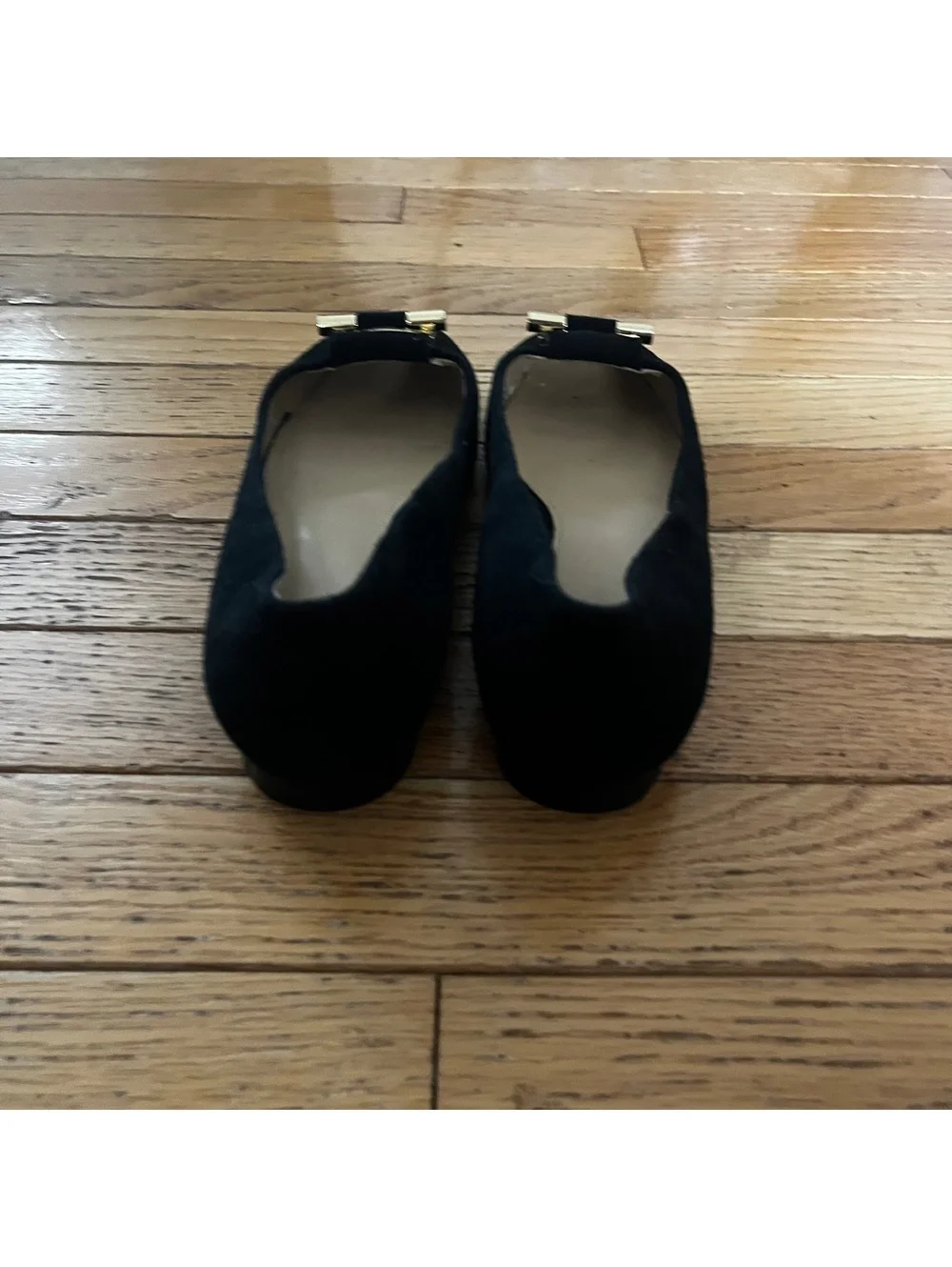 Michael Kors Black Suede Flats with Gold Buckle Accent